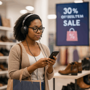 Mujer comprando en una tienda mientras escucha un anuncio inteligente a través del sistema de audio in-store